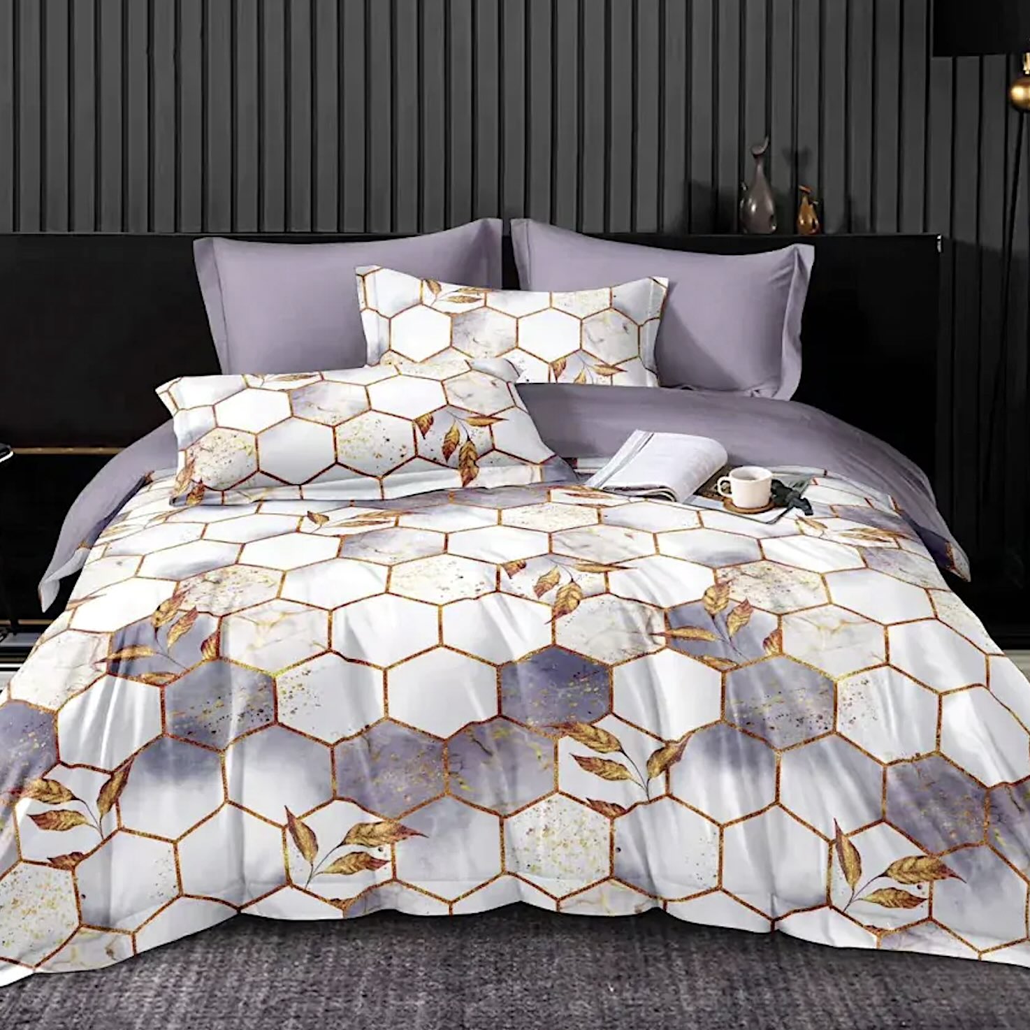 7 dílná sada povlečení na 2 postele - prostěradlo ZDARMA Light Violet Honeycombs